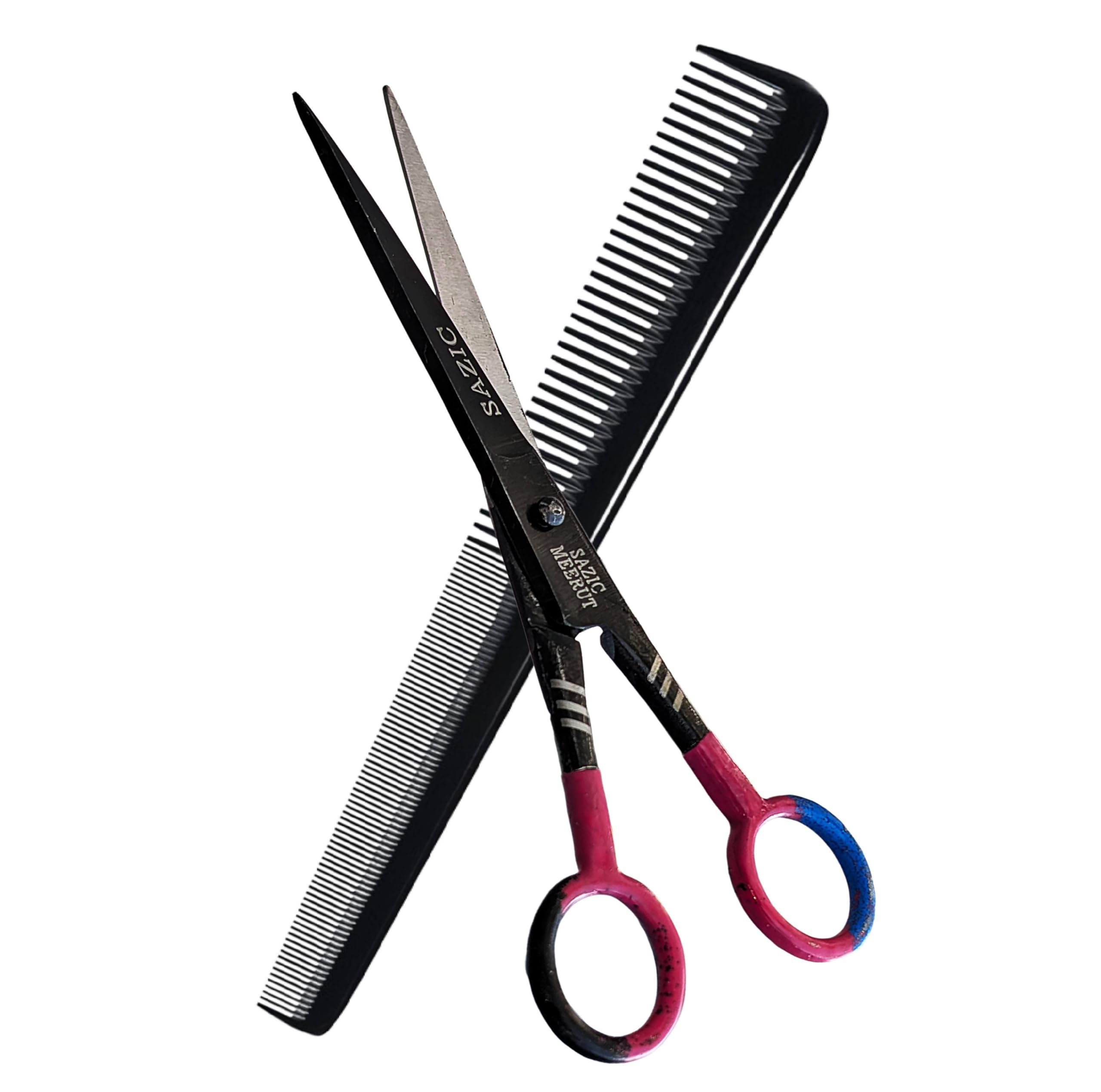 Professional 6 Hair Cutting Scissor and Plastic Comb Set, Re-Sharpenable Carbon Steel Blades, Hand Forged Design, Made in Meerut