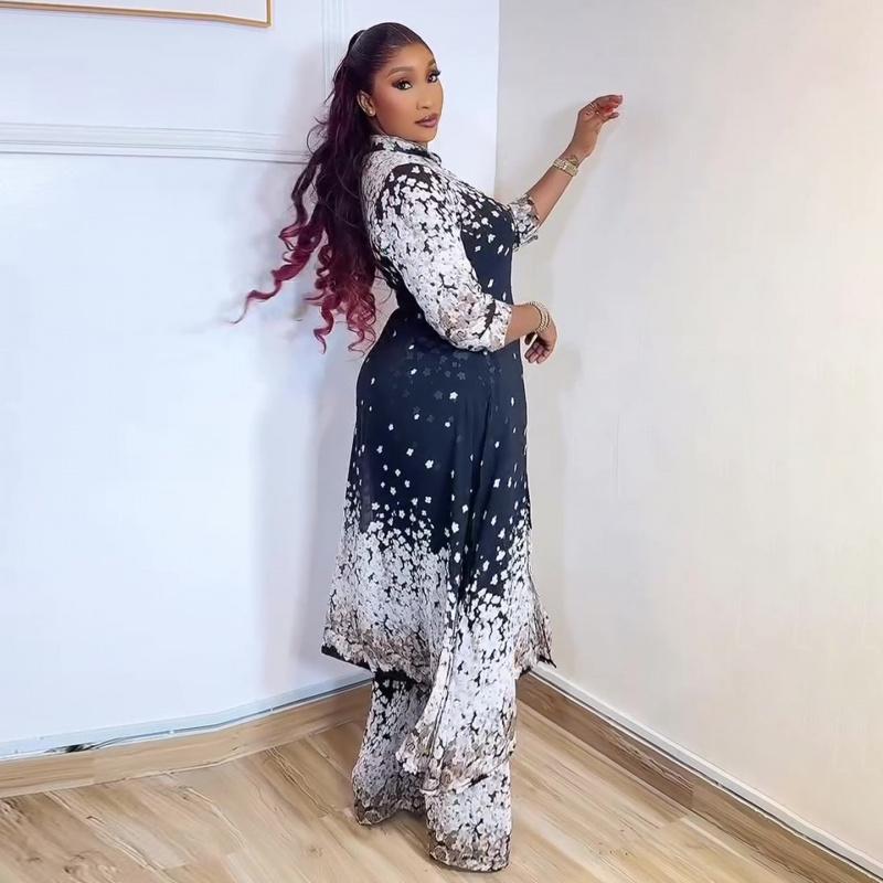 Women's 2026 Spring New Elegant Printed Shirt and Wide-Leg Pants Set