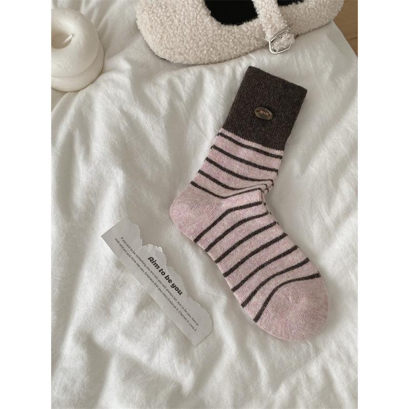 Egg Button-Down Wool Socks Mid-Season Socks Striped Thickened Warm Pile Stack Socks Winter Confinement Socks