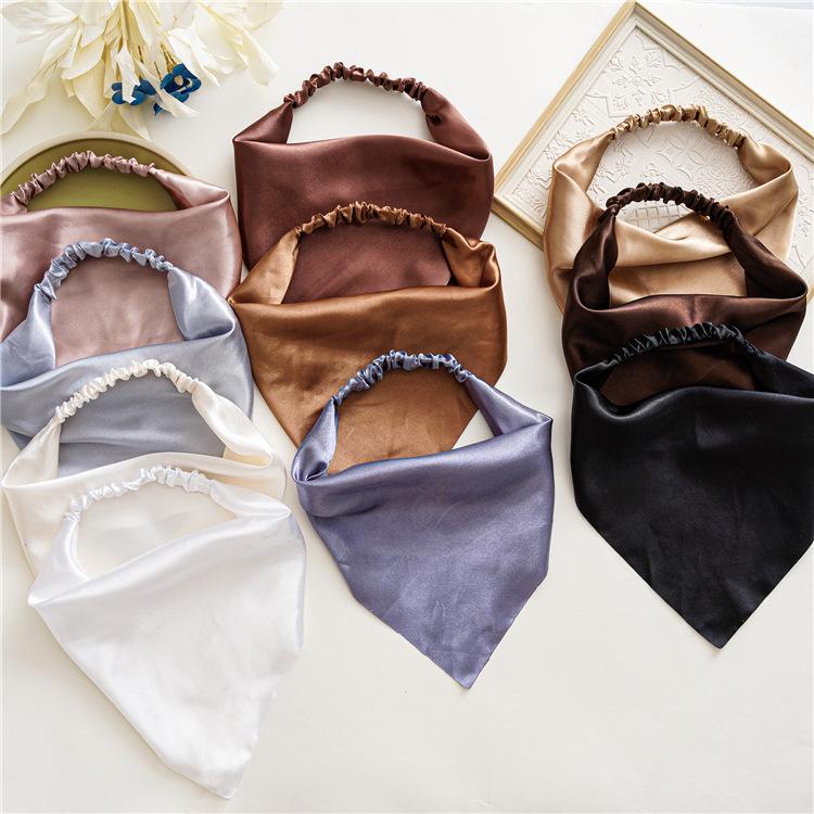 Summer Women Solid Hair Scarf Vintage Triangle Bandanas Satin Elastic Hairbands Children Girl Headbands Hair Accessories