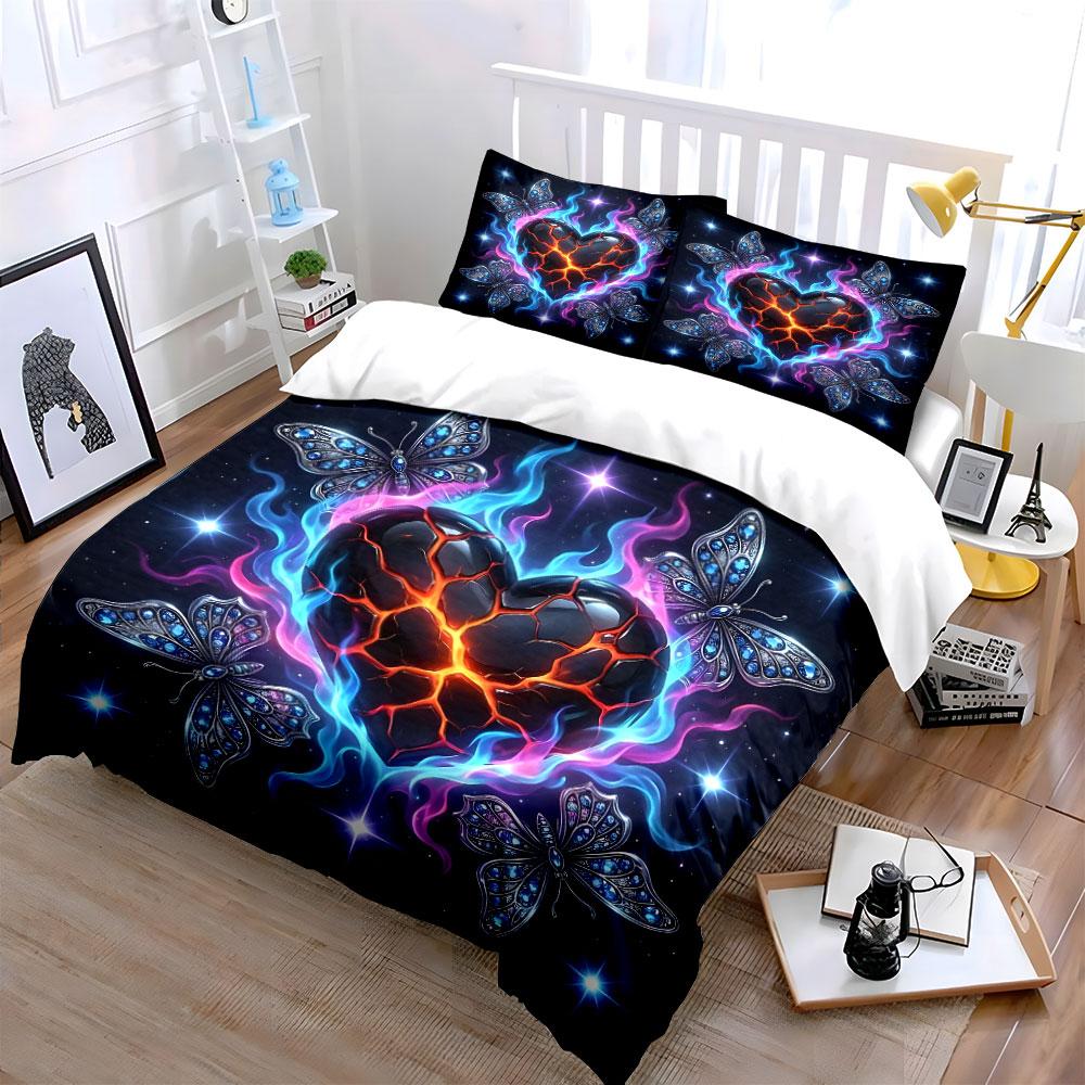 Burning Heart and Glittering Butterflies Print Bedding Set 1 Duvet Cover 2 Pillowcases for Adult and Children Luxury Gift