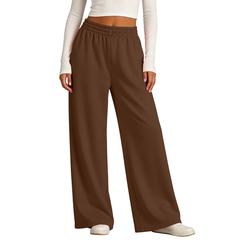Women's Lined Wide Leg Sweatpants with High Elastic Ribbed Waistband for Casual Wear