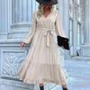 Chiffon Elegant Women Dress High Waist A-Line Long Sleeve V-Neck Knee Length Solid Autumn Winter