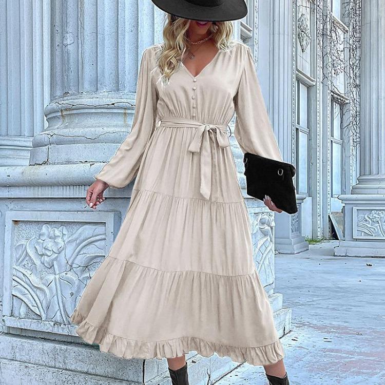 Chiffon Elegant Women Dress High Waist A-Line Long Sleeve V-Neck Knee Length Solid Autumn Winter