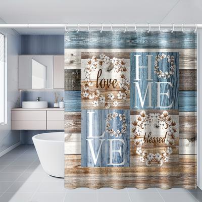 Blue and Brown Wooden Plank Home Pattern Shower Curtain with 12 Hooks, Floral Print Decor Bathroom