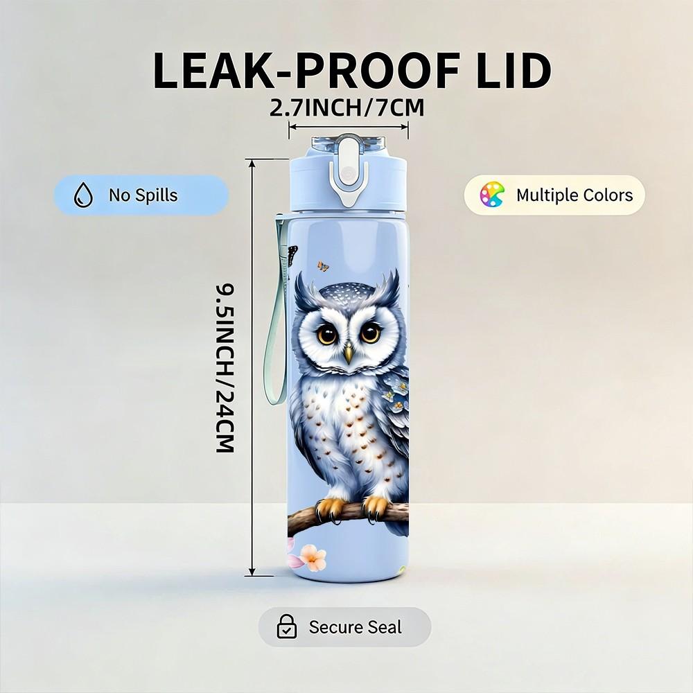 1PC Branch Perched Owl Spring Floral Nature Art 750ml Color Plastic Sports Water Bottle Leakproof Flip Straw Lid Suitable for Sports Office Home Use
