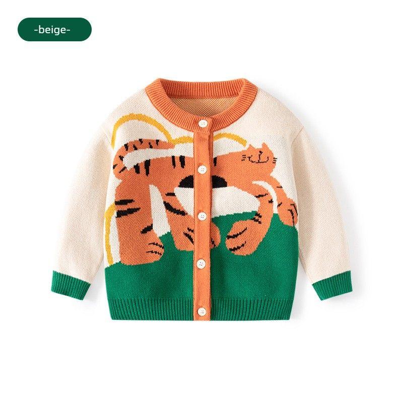 Spring & Fall Little Tiger Contrasting Color Jacquard Children's Cardigan Girl Round Neck Pure Cotton Knitwear Boy Sweater Coat