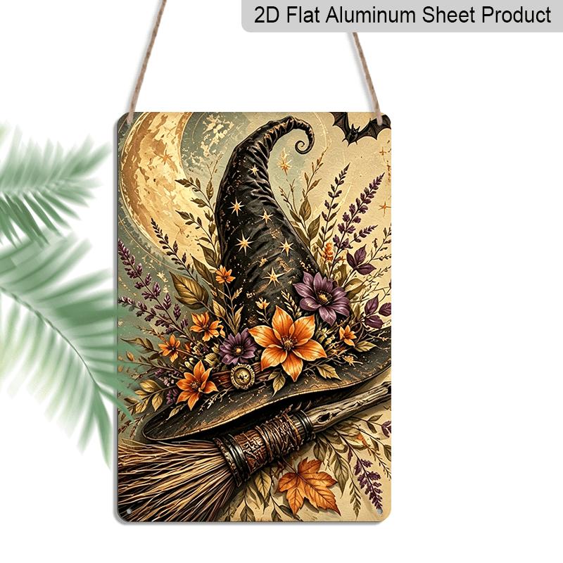 2D Flat, 1pc Halloween Decorative Sign & Plaque, Vintage Floral Witch Hat & Broom Aluminum Sign, Spooky Fun Decor, Halloween Artwork Wall Decor