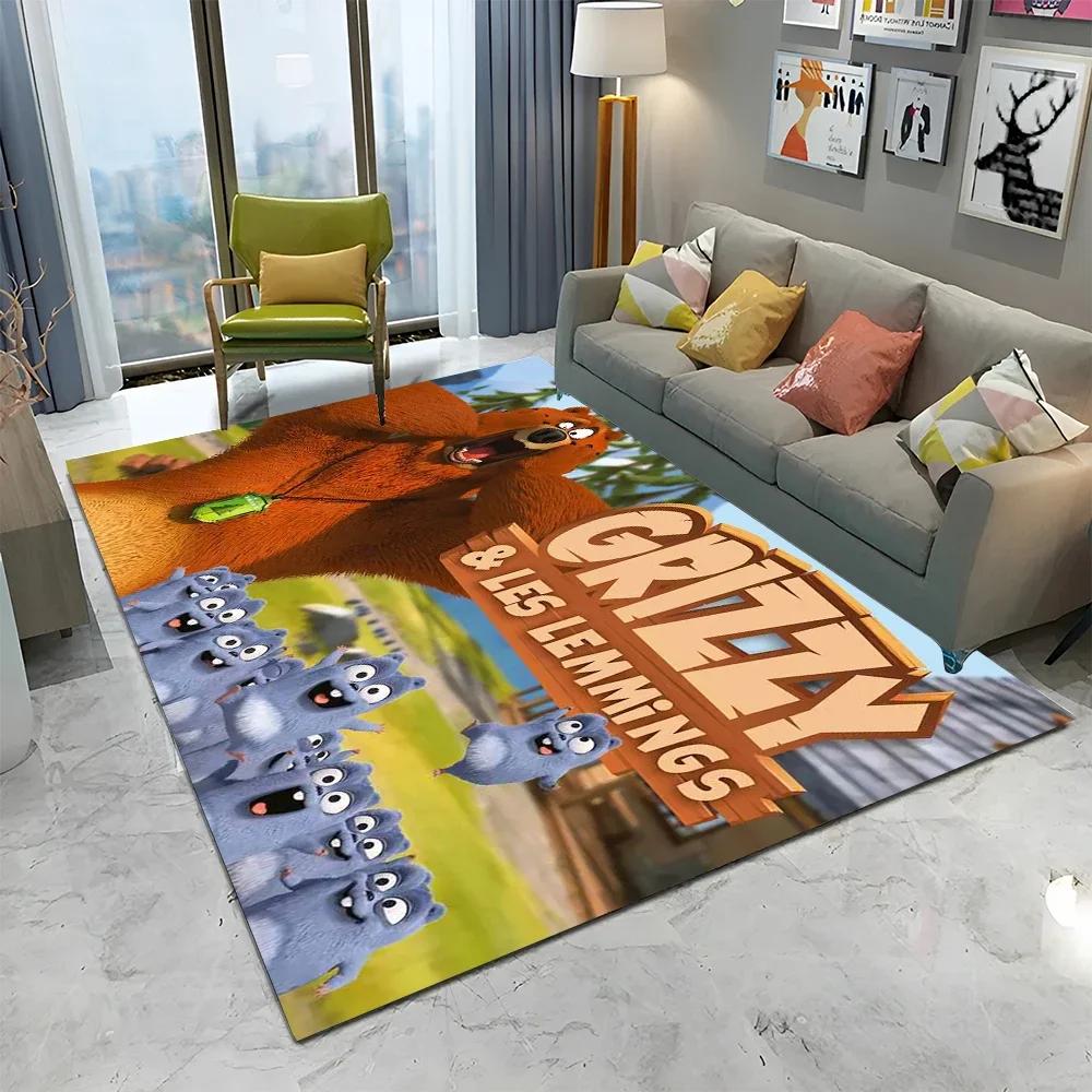 3D Kreslený koberec Grizzy a lemingové pro domov, obývací pokoj, ložnici, pod pohovku, rohožka, dekorace, dětský koberec, protiskluzová podložka na podlahu