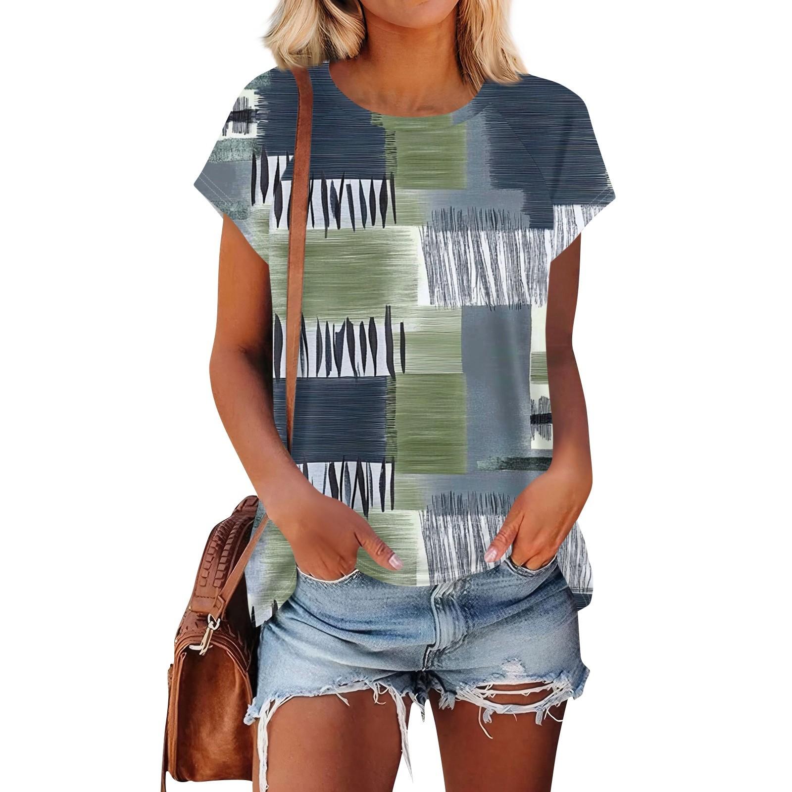 

Женские футболки с коротким рукавом, милые туники с круглым вырезом, топы, базовые футболки, блузки, свободный пуловер L армия зеленый