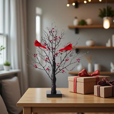 Vintage Leuchtender Baum mit Kardinälen LED Kardinal Kleiner Roter Vogel Tischdekoration Funkelnder Baum Lampe für Feiertags-Heim-Weihnachtsdeko