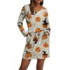 Women's Fashionable V-neck Long Sleeved Drawstring With Pocket Halloween Printed Casual Dress