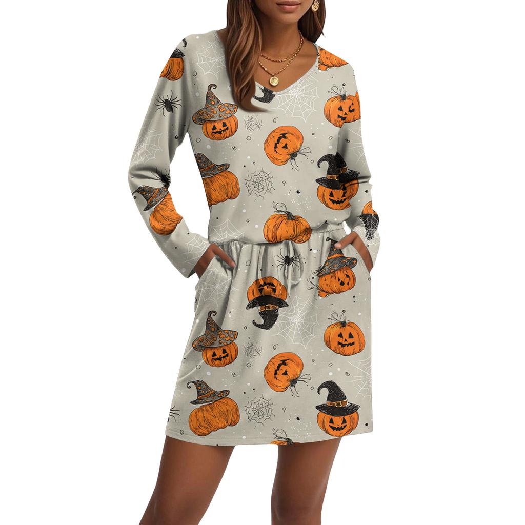 Women's Fashionable V-neck Long Sleeved Drawstring With Pocket Halloween Printed Casual Dress