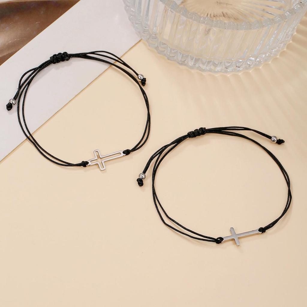 Geflochtenes schwarzes Seil & 201 Edelstahl Armband Set: Unisex Religiöser Schmuck für Paare