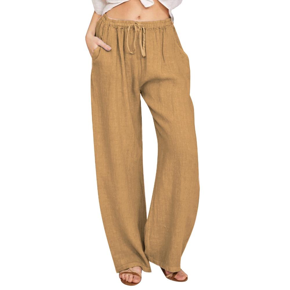 GMXIA Large Size Women's Elastic Waist Long Linen Casual Loose Wide Leg Trousers
