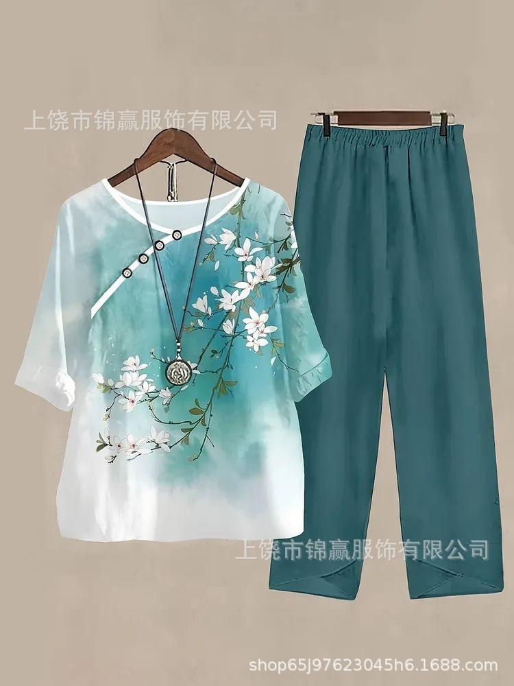 Spring and summer national style bamboo leaf plant printed women's clothing, breathable round neck medium sleeve top, elastic waist loose eight-point