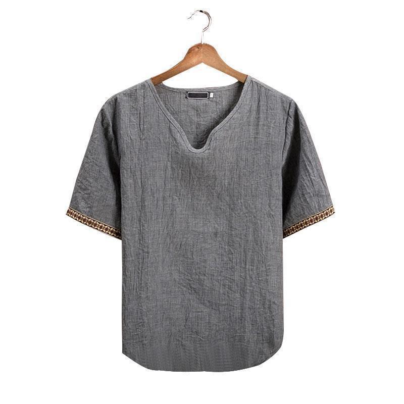 Herr Sommar Koreansk V-ringad Kortärmad Bomull Linne T-shirt - Andningsbar, Allsidig, Trendig Halvärm för Större Storlekar