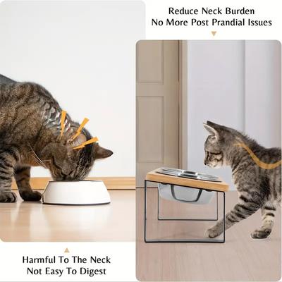 15° Tilted Elevated Cat Bowls with Wooden Stand, Anti-Vomiting Stainless Steel Pet Bowls for Cats & Small Dogs