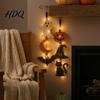 Hanging Signs with Warm Lights 2Pcs Lighted Halloween Wall Decor Wooden Ghost Bat Pumpkin Rustic Farmhouse Decor Sign Jute Rope Ornament for