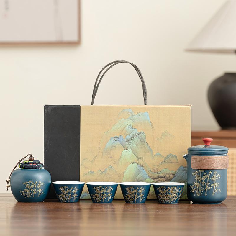 

Golden silk bamboo rhyme ancient rhyme pot tea set living room office guest reception Dehua white porcelain set light luxury gift box gift