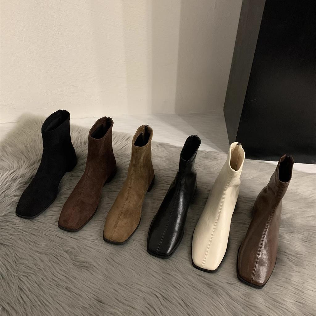Autumn and Winter Minimalist Soft Leather Square Head Versatile Low-heeled Martin Boots Women's Rear Zipper Flat Bottom Thin Short Boots