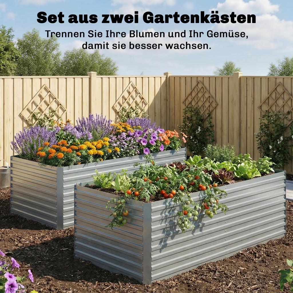 Set of 2 Galvanized Raised Garden Beds, 180 x 90 x 60 cm Metal Raised Beds with Safety Edge, Silver