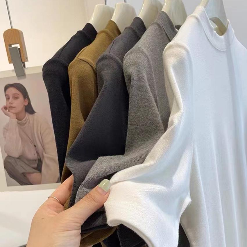 Women's Short-Sleeve, Half-High Collar Brushed T-Shirt - Chic, Thickened Base Layer