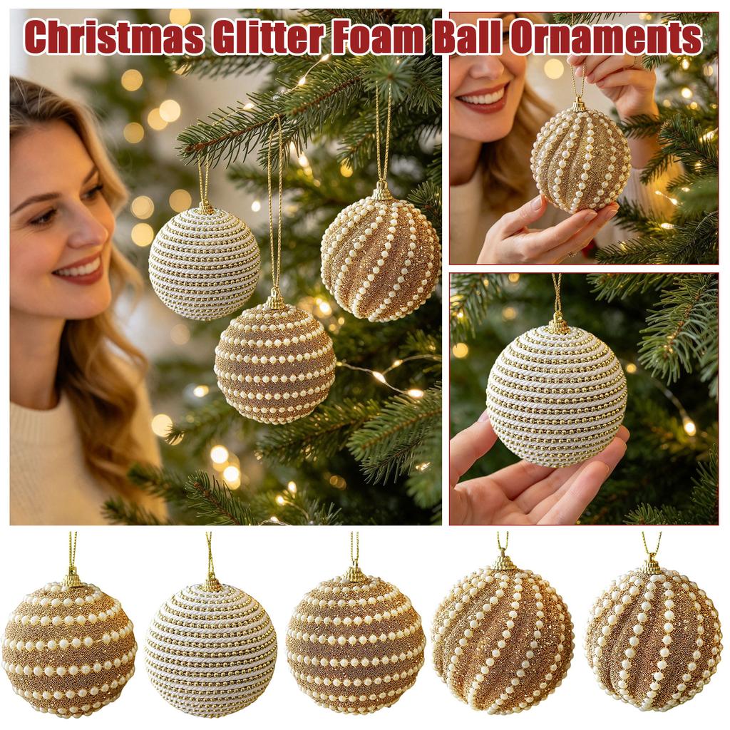 Christmas Glitter Foam Ball Ornaments with Ribbed Texture for Holiday Party Hanging Decorations