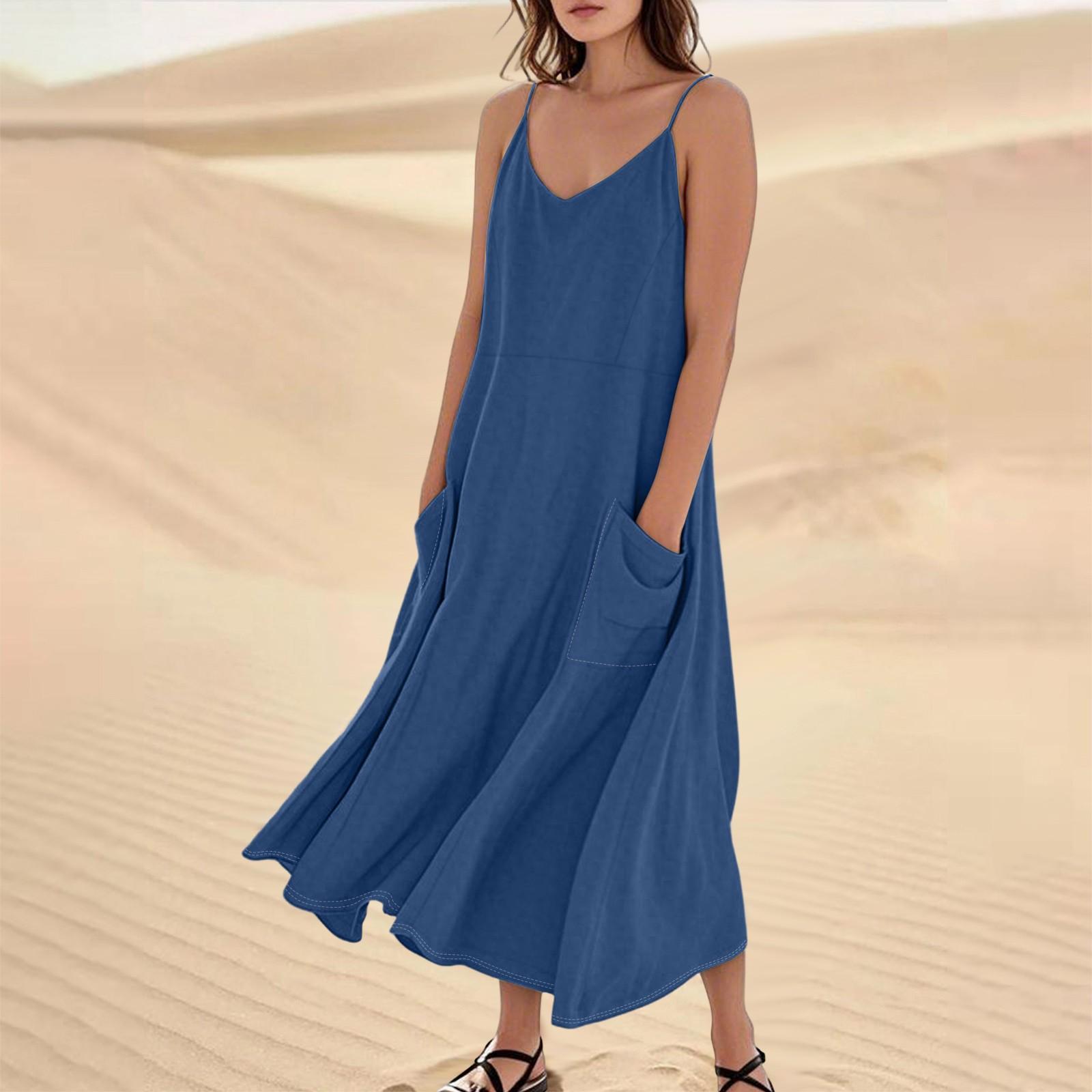

Женское летнее платье, повседневные свободные длинные пляжные платья для отдыха S синий