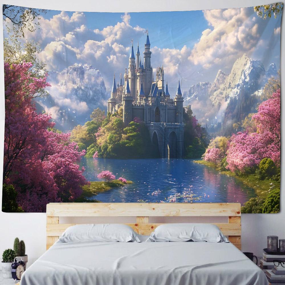 Dreamy Castle Background Wallpaper, Bedroom Tapestry, Cartoon Decoration, Hippie Aesthetic Home Wall Hanging, Yoga Mat