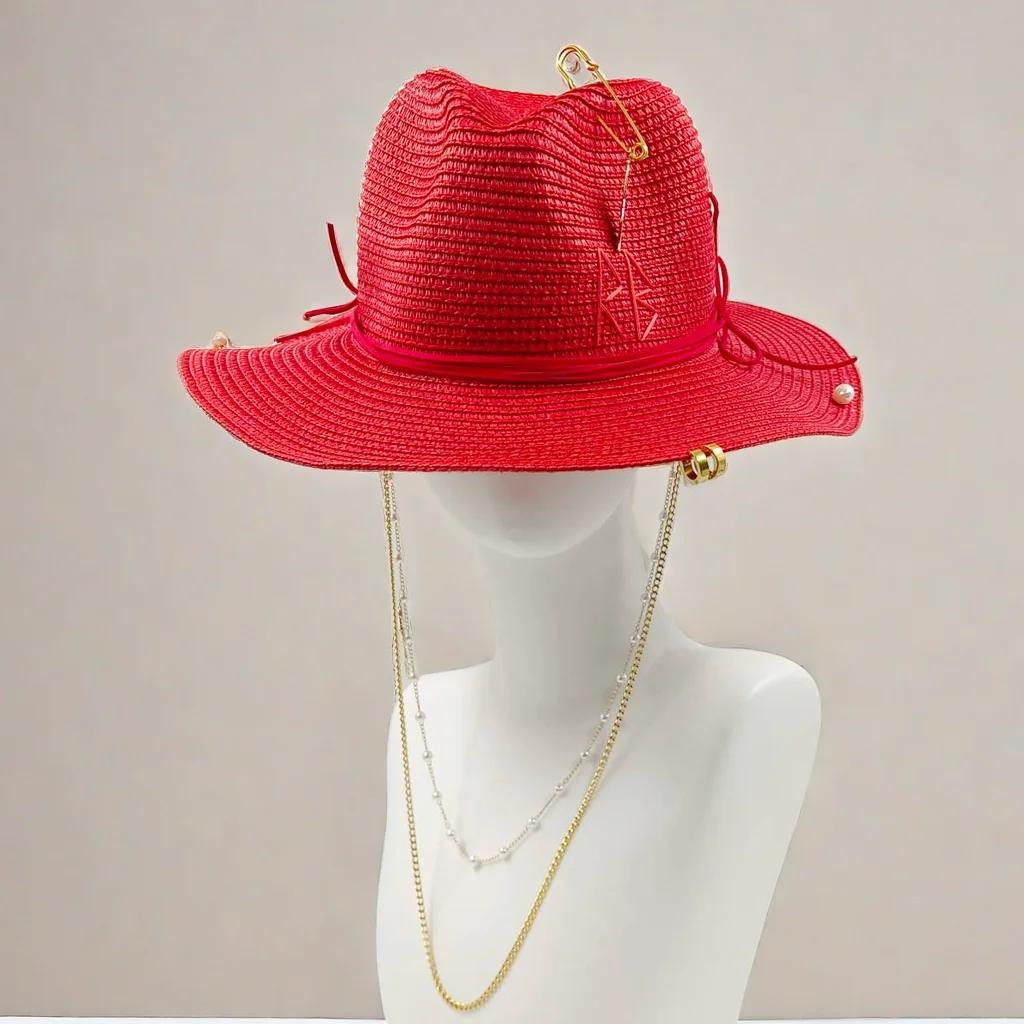 LOVE chain straw hat high-end men and women summer outdoor vacation beach sun hat Panama straw hat