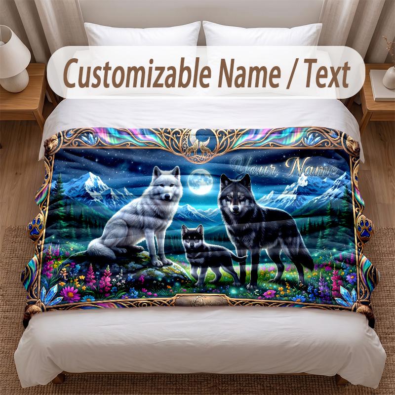Wolf Theme Soft Blanket Personalized Custom Name Text Print Warm Blanket Home Sofa Bedroom Decor