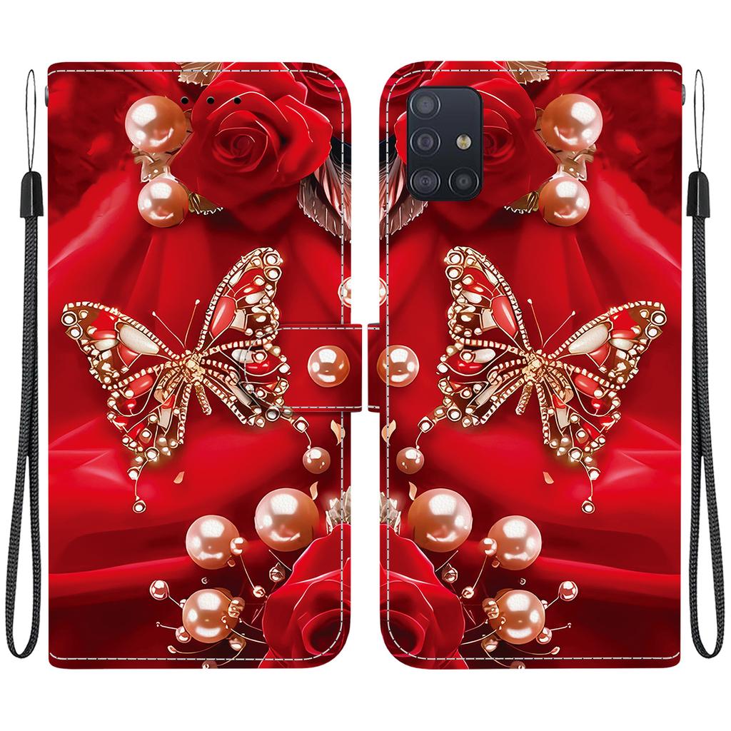 Handmade PU Leather Flip Case for Samsung Galaxy A51 5G (SM-A516F/A516B)- Anti-Slip Shockproof Cover with Wrist Strap & Heart/Rose Cat Designs
