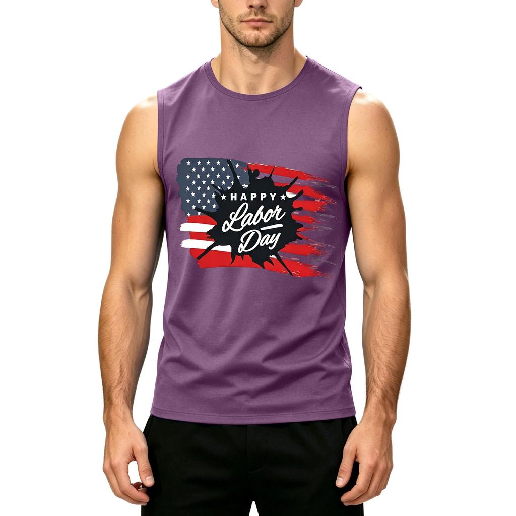 Men's Sleeveless Casual Tank Top Labor Day Printed Muscle Shirt Crew Neck Summer Workout Tee