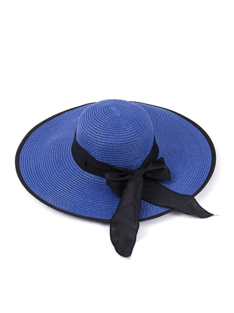 Solid Color Bohemian Straw Sun Hat With Bow Wide Brim Round Top UV Protection Windproof