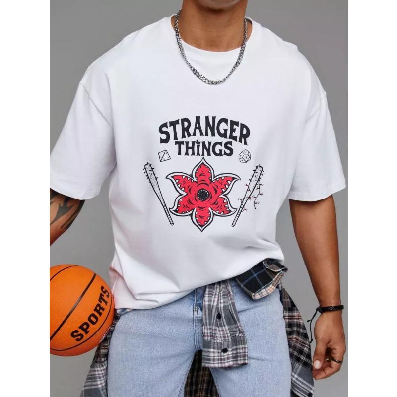 Stranger Things T-Shirt Weiß Stranger Things Logo Mit Roter Blume Und Baseballschlägern Grafikdruck Unisex Freizeitkleidung Für Fans Der Serie