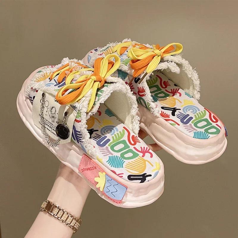 Fashion Slippers Thick Sole Shoes Sandals Women Fashion Soft Flat Luxuriou Rubber Fabric Graffiti Cross Strap Flip Flops Women Sandalias