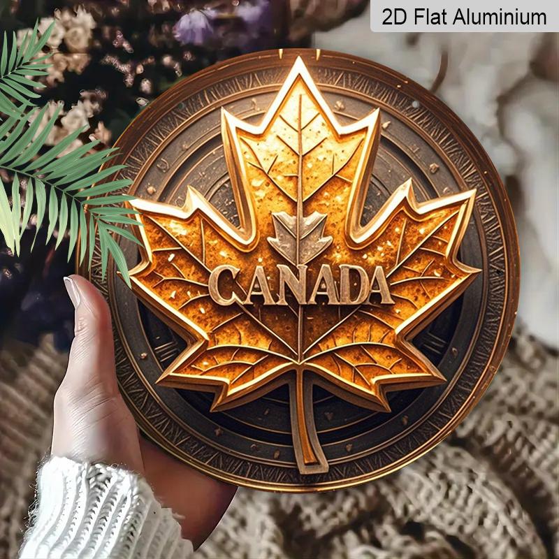 2D Flat Printing, 1pc Round Aluminum Canada Maple Leaf Metal Sign, Vintage Gold Embossed-Style Patriotic Wall Plaque, Durable Weatherproof Wall