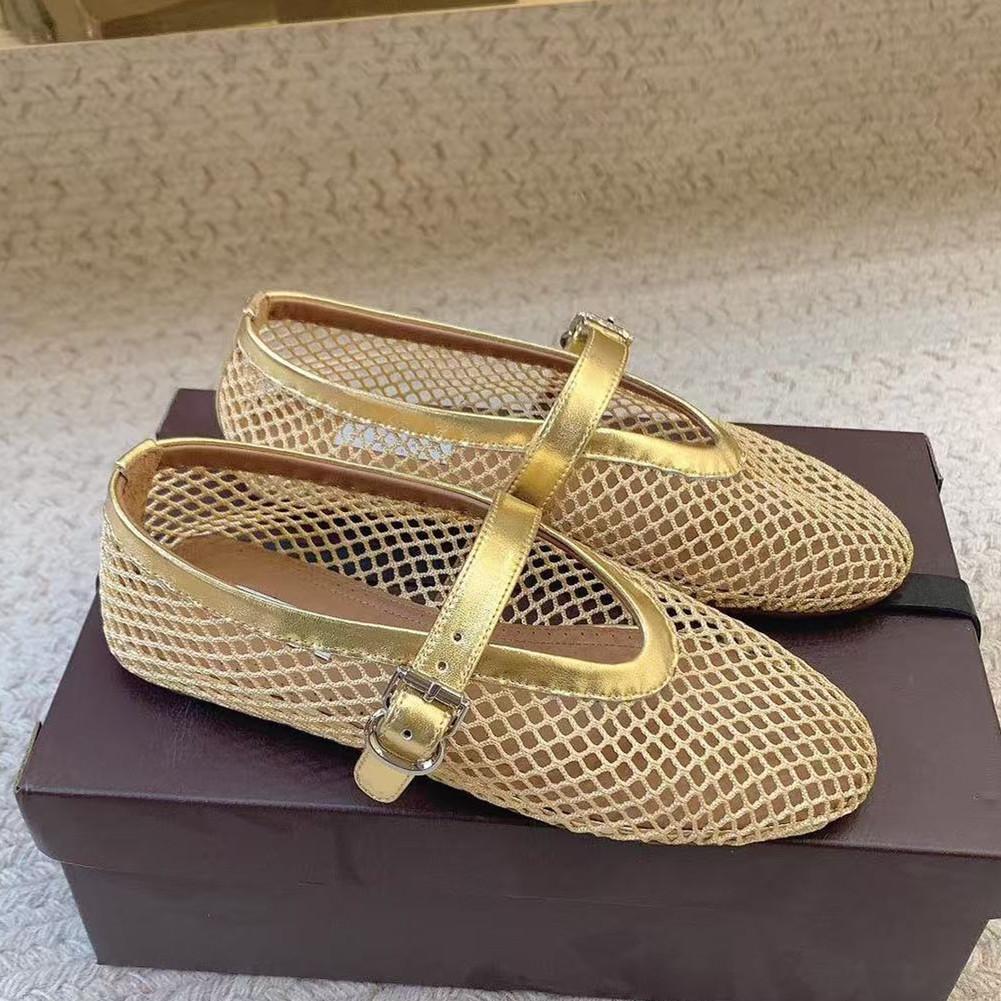 Leisure Fishing Net Flat Ballet Shoes Made Of Genuine Leather With A Straight Cut And Perforated Breathable Mary Jane Single