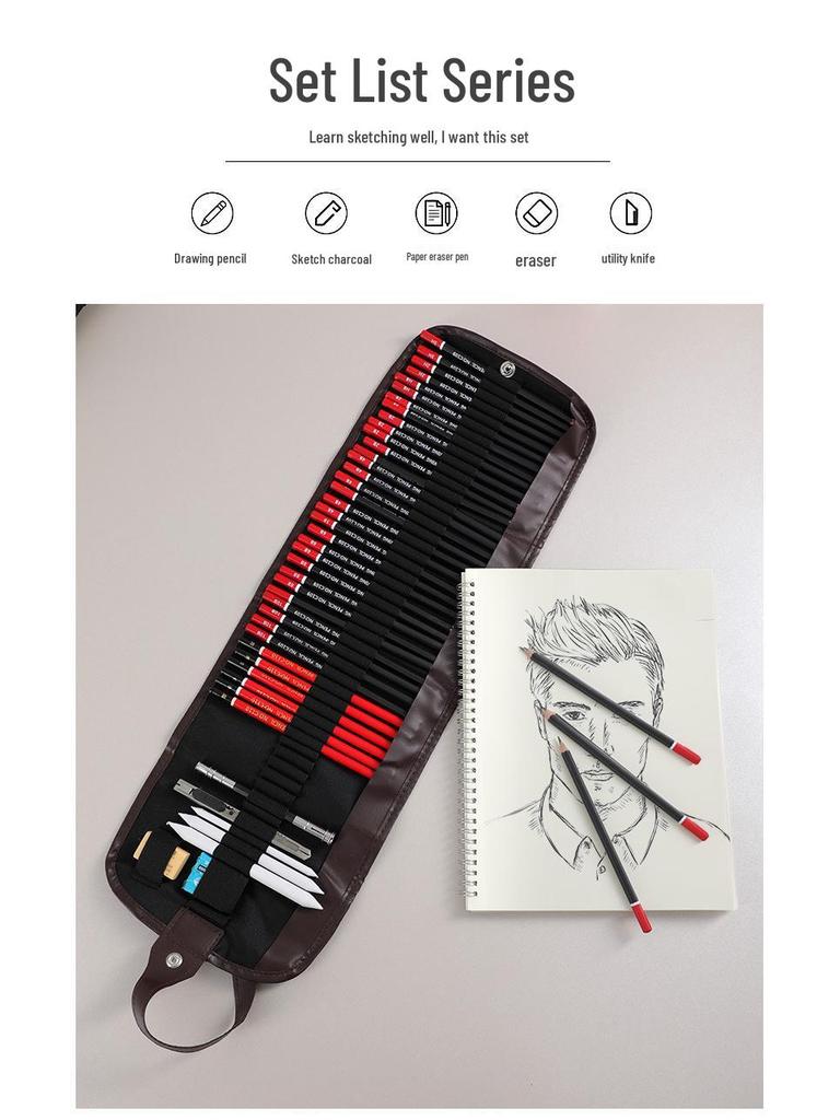 39-Piece Beginner Sketching Set: Charcoal Pencils, Eraser, Paintbrushes & Pencil Roll-up Case