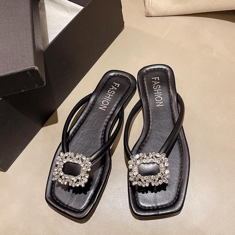 

Женские шлепанцы Роскошные стразы Повседневные тапочки Летние Нескользящие Плоские шлепанцы для женщин С перемычкой для пальца Пляжные шлепанцы Сандалии 42 чёрный