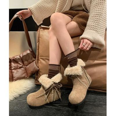 Leather Fluffy Snow Boots Women's Cotton Shoes Winter New Thick-soled Big-head Martin Boots Velvet Warm Boots