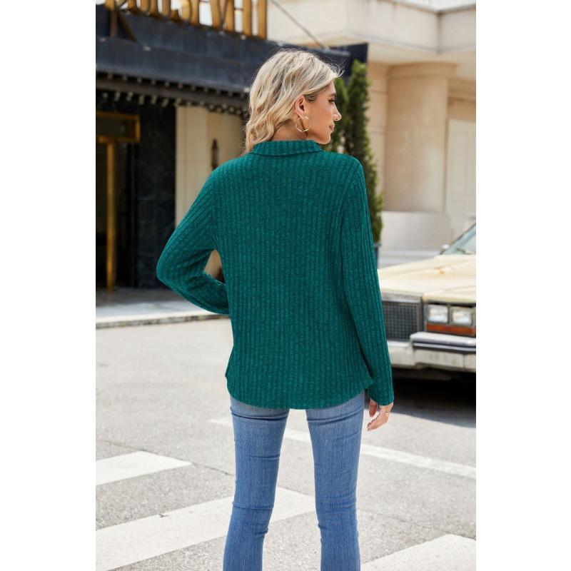 YYFS Women's Fashion Casual Spring Fall Solid Color Print Long Sleeve POLO Neck Blouses & Shirts