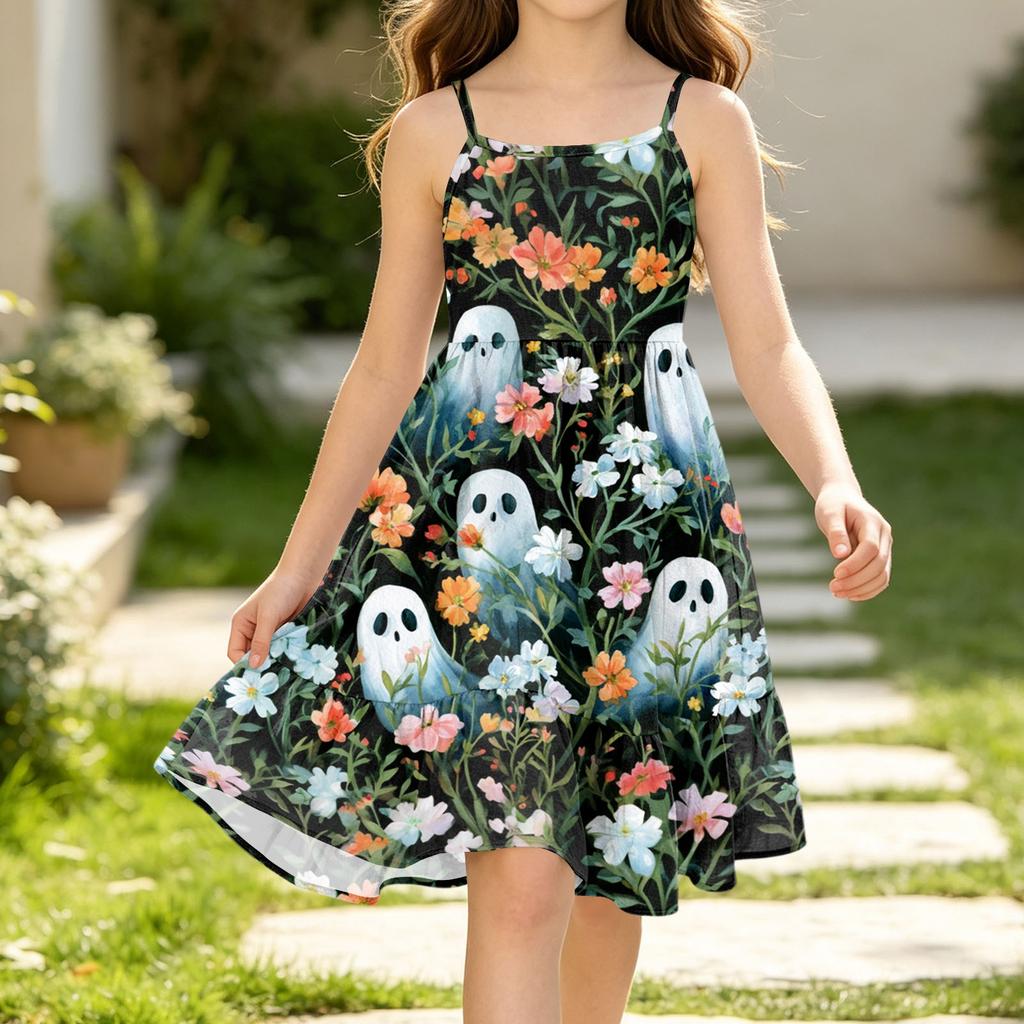 Girls Casual Sleeveless Print Dress with Halloween Pattern Princess for Party