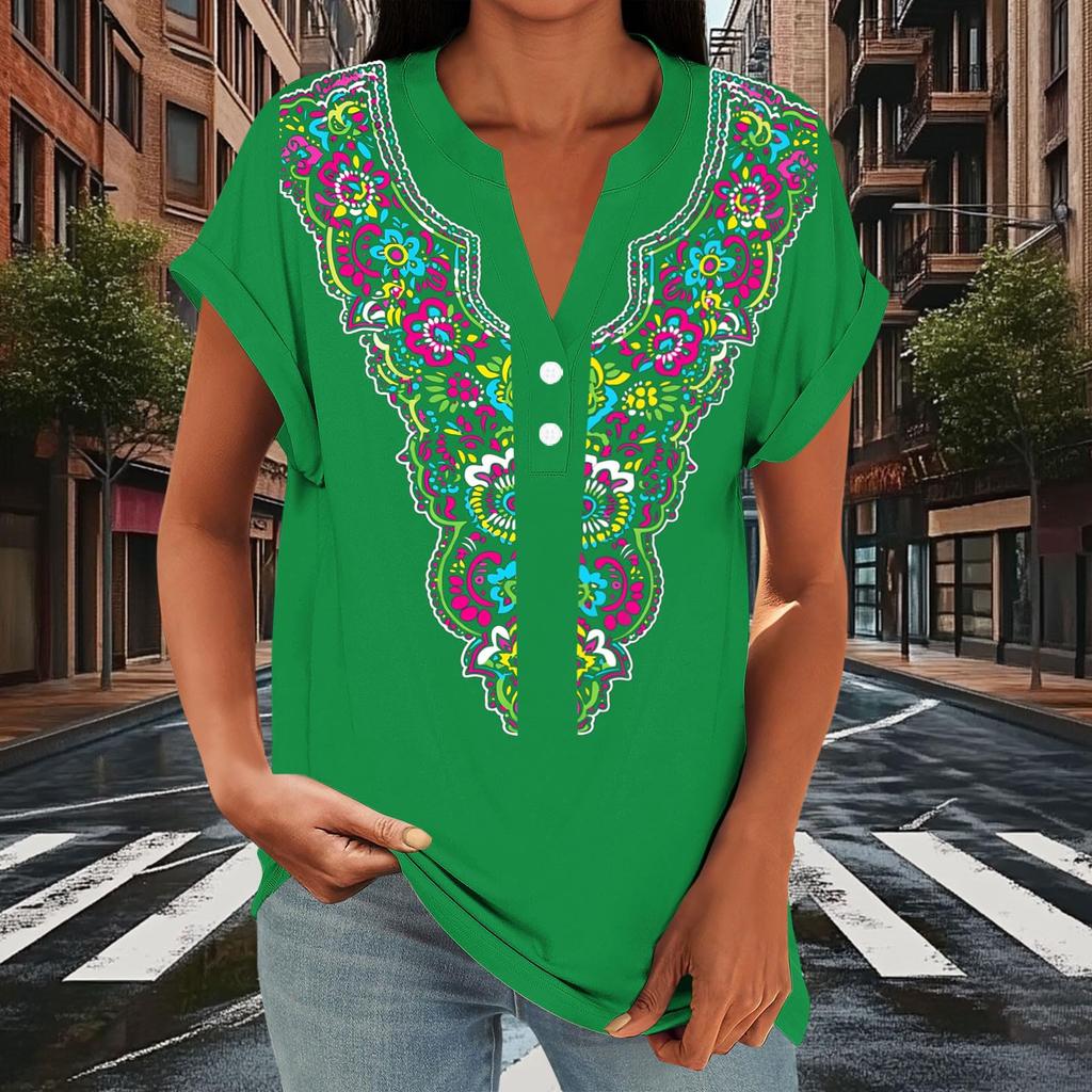 Women's Casual Loose Fit Short Sleeve Button V Neck Floral Print T Shirt Top Lightweight Comfortable Summer Blouse