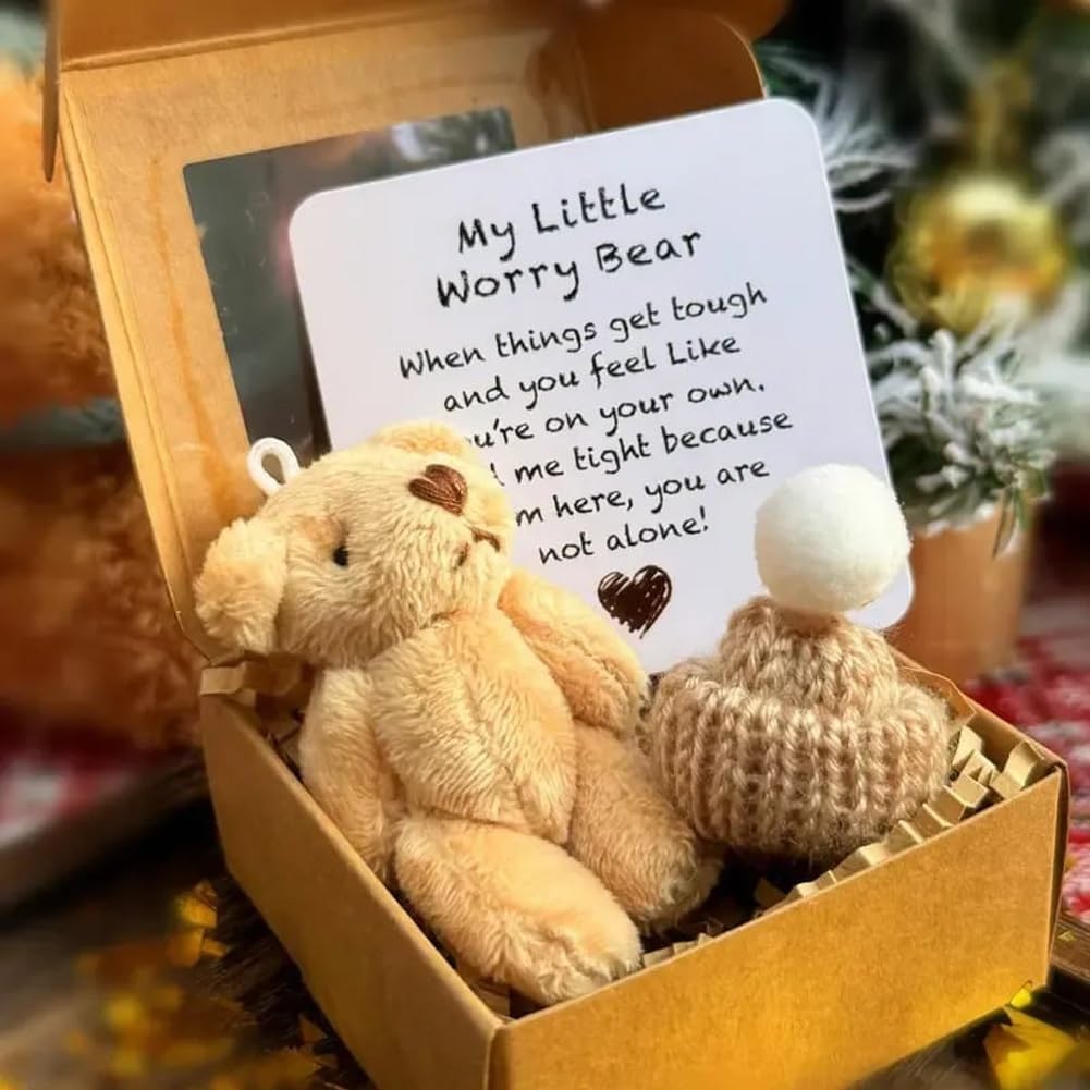 Little Bear In Box, My Little Worry Bear In a Box, Pocket Bears Hug, Handmade Mini Plush  Bears with Hat, Sympathy Gift with Inspirational Card