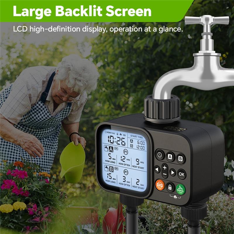 T02C!2-Outlet Water Timer Automatic Timed Irrigation System Outdoor Home Garden Lawn Greenhouse Sprinkler Tool