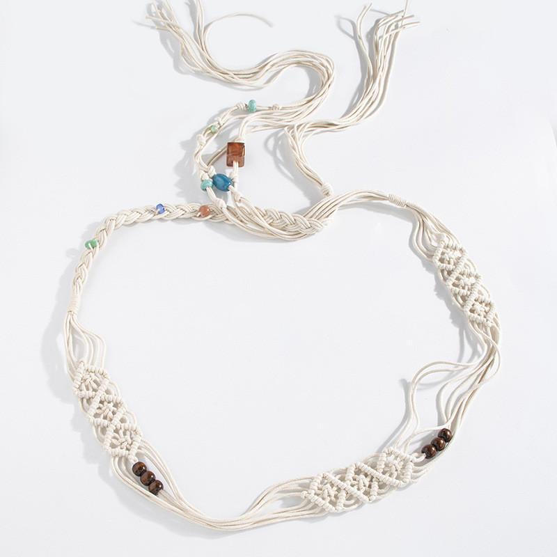 Этническая богемная плетеная поясная веревка со смоляными бусинами и элементами из натурального бамбука для ношения на фестивале бежевый