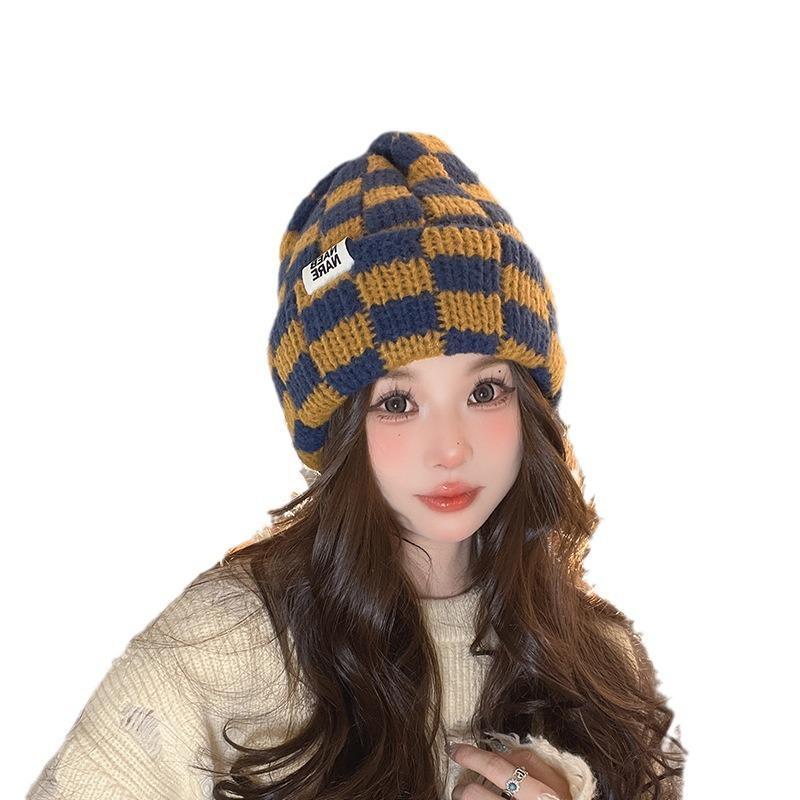 Checkerboard Plaid Knitted Hat for Women In Autumn and Winter Korean Style Niche Big Head Wool Hat Japanese Face Showing Small Christmas Hat