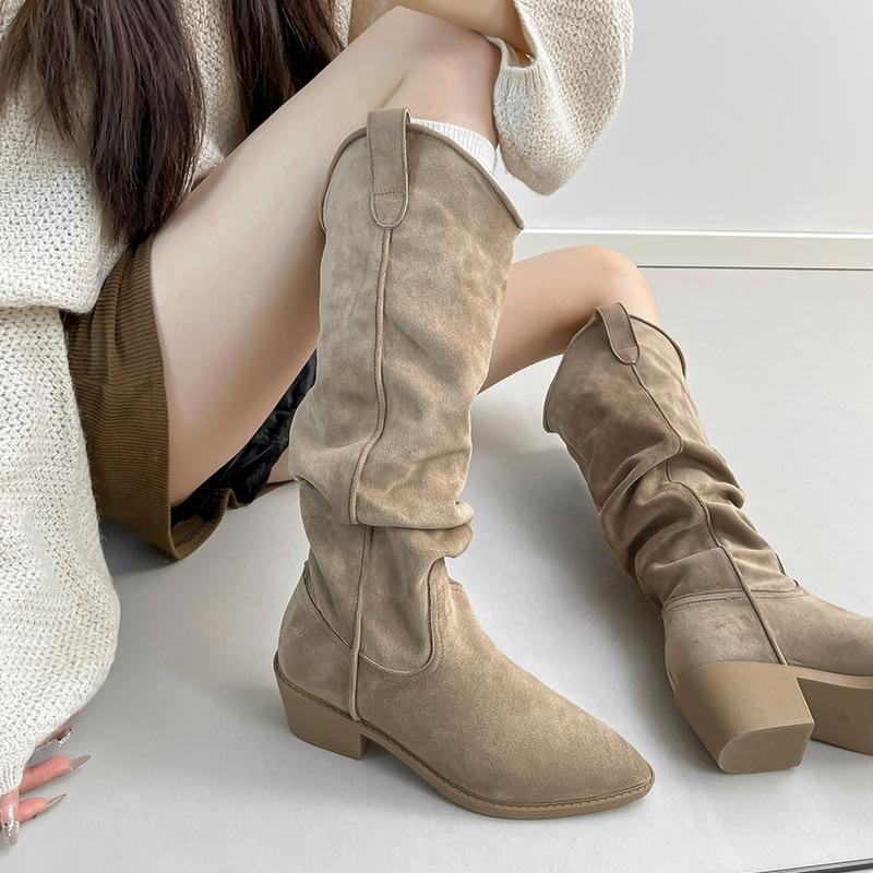 Vintage suede knight boots V buckle pointed thin pile boots 2025 autumn and winter thick heel high boots women's naked boots